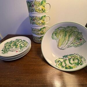 Green Lettuce Pattern Ceramic Salad Bowl and Plate Set